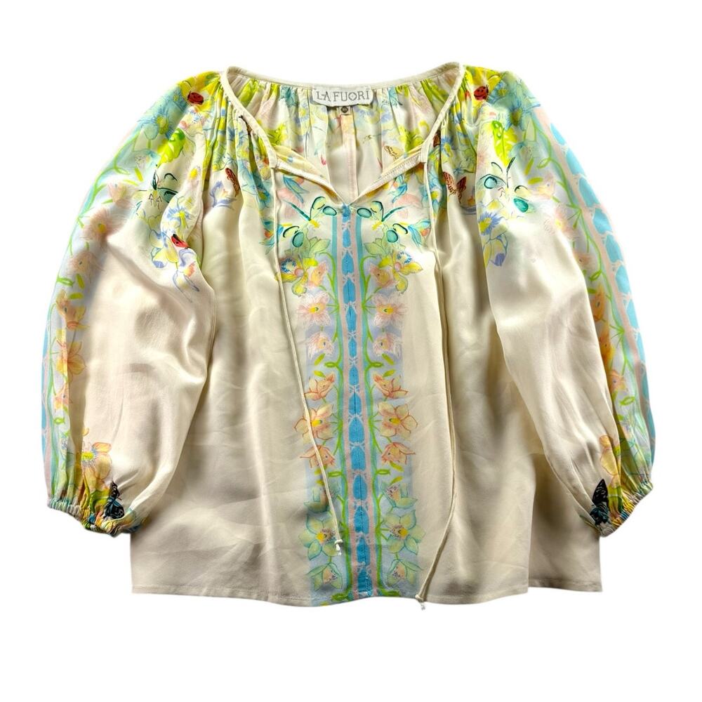 LA FUORI Silk Floral Top Blouse XS Cream Tie Neck Peasant Boho Chic Luxury